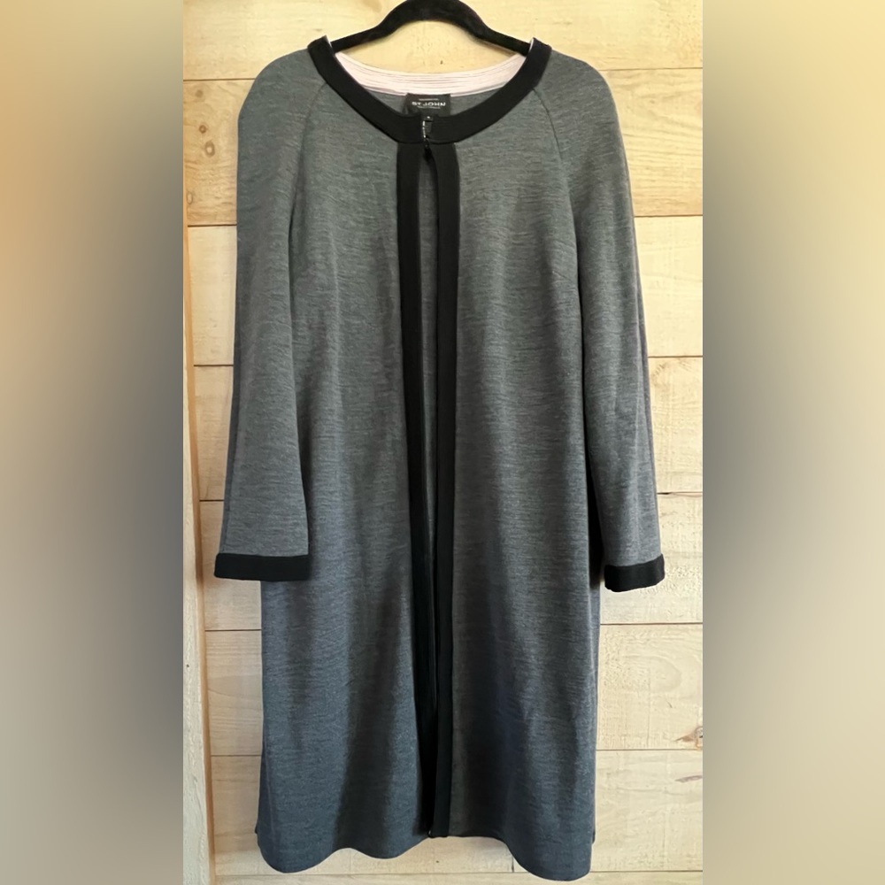 St. John Gray with Black Trim Long Knit Open Cardigan Sweater Coat Medium